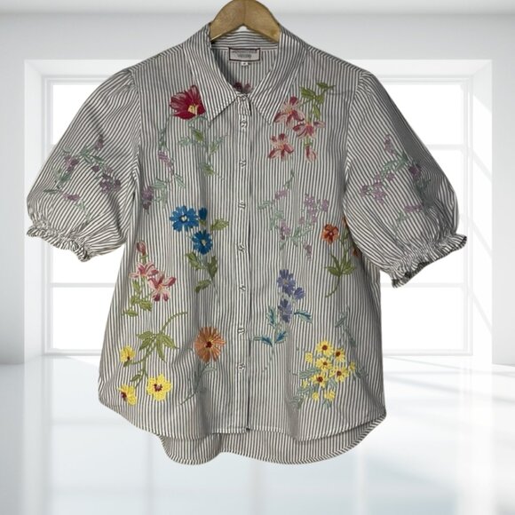 Johnny Was Evangeline Smocked Stripe Blouse M Lisbon Floral Embroidered W18524-3 - Picture 2 of 16